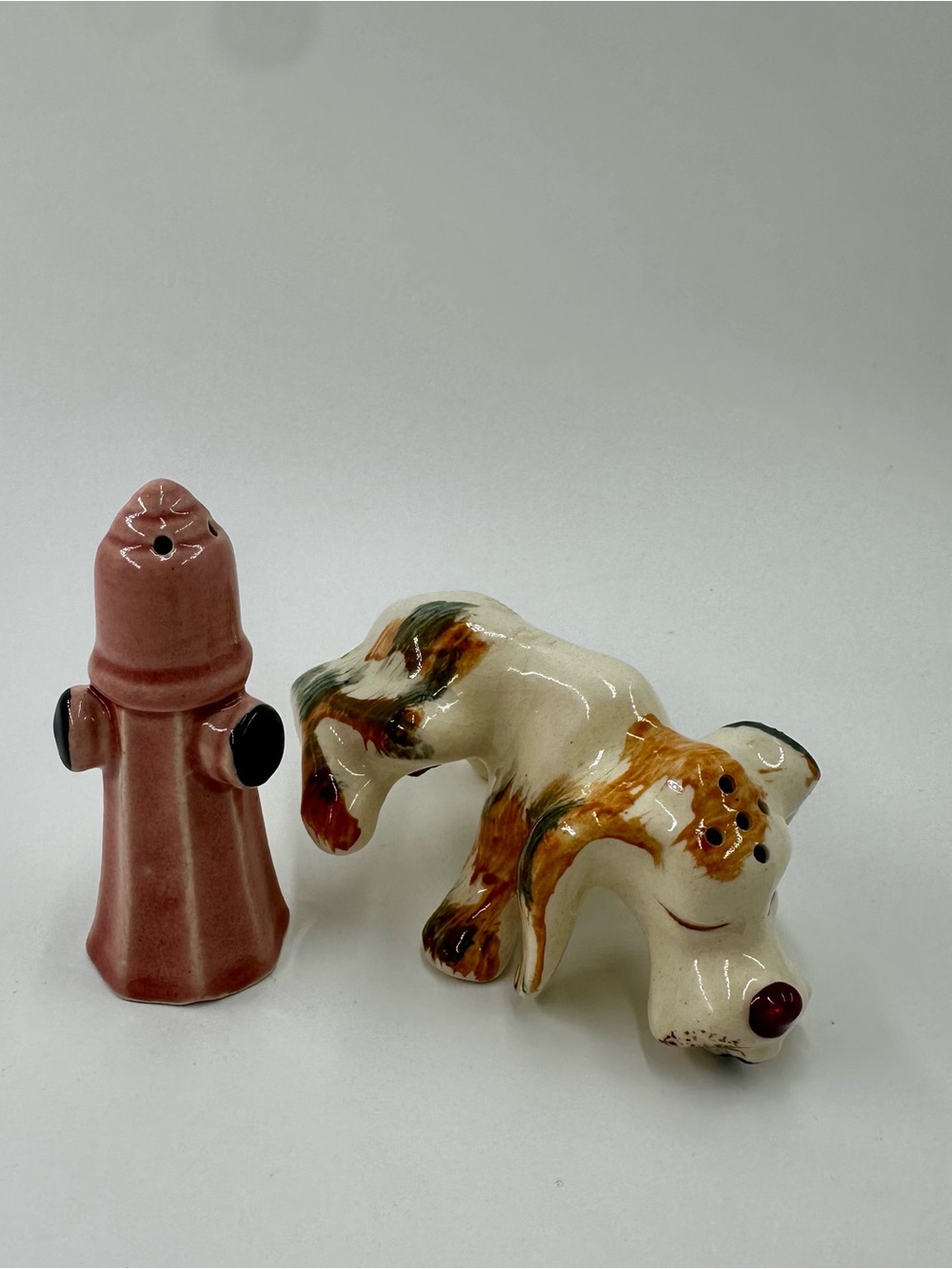 Ceramic Dog & Hydrant Salt and Pepper Shaker Set - Cream and Pink